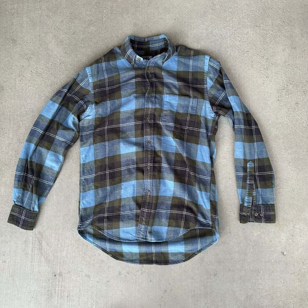 VTG 1990s Plaid Land’s End Loop Collar Knit Shirt Jacket (Men) S